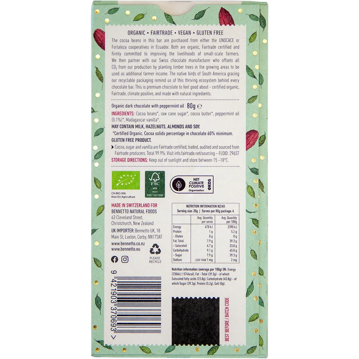 Bennetto Organic Chocolate 80g - Mint & Cocoa Nibs - Image 4